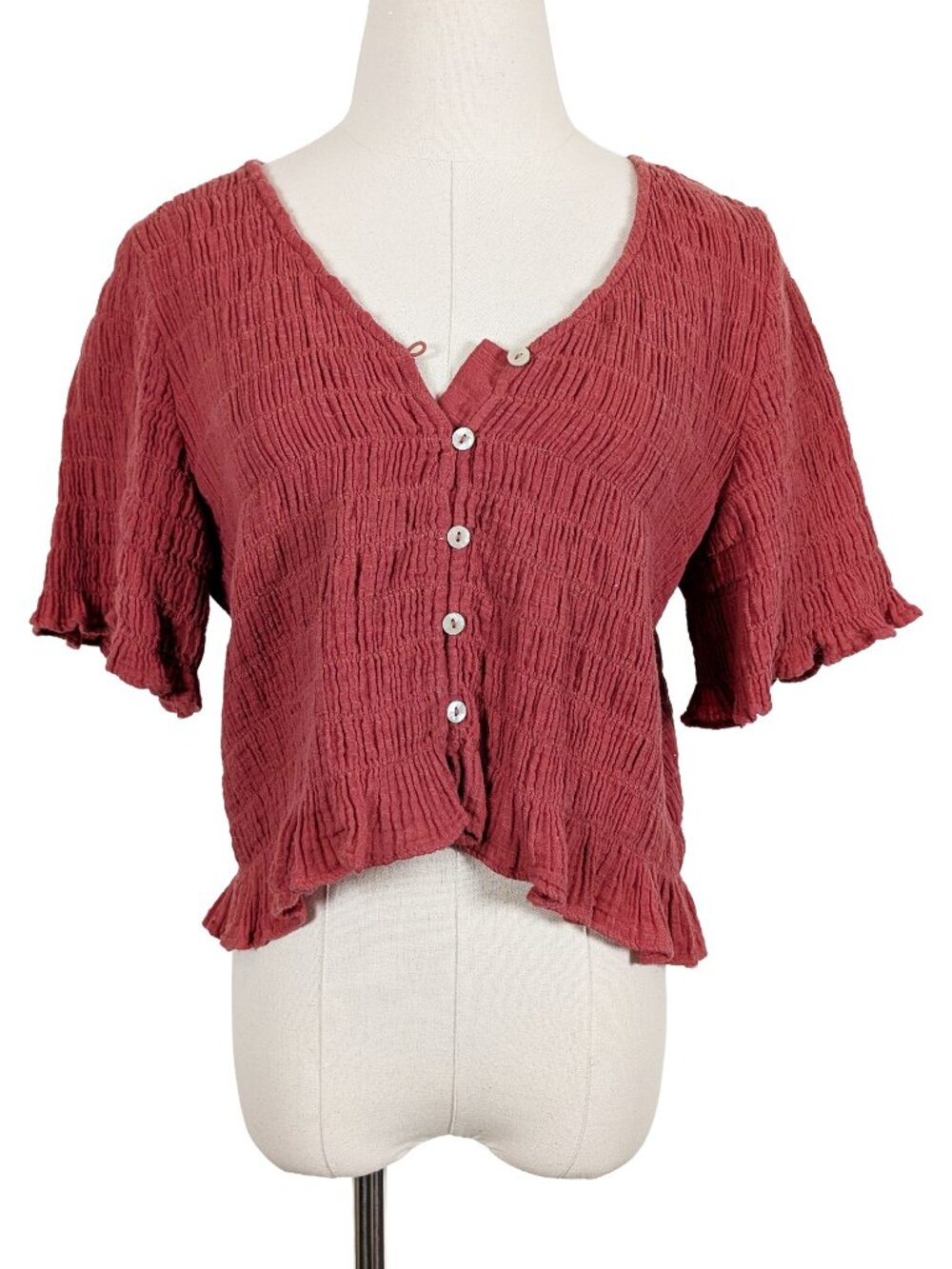 American Eagle Shirred Button Up Crop Top Size Medium Rust Brown